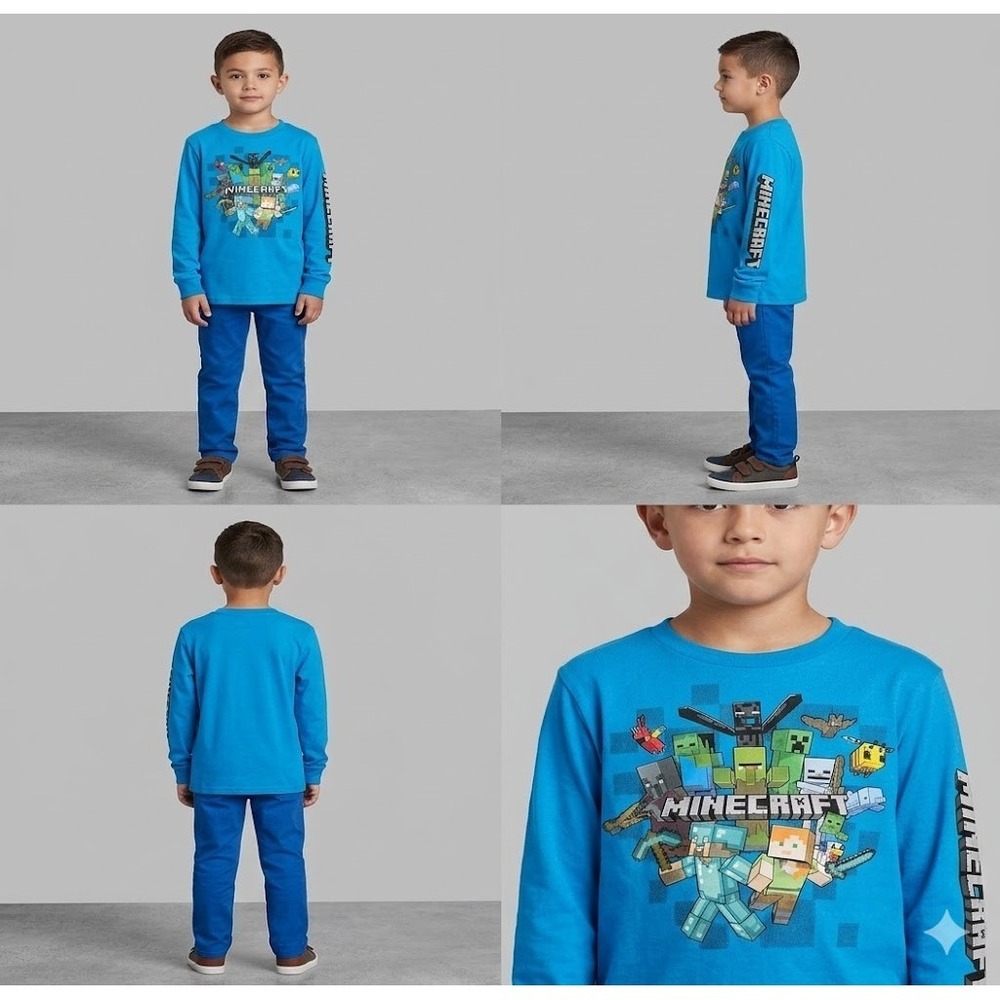 NWT Mojang Minecraft Graphic T-Shirt Boys L(10/12) Blue Crafty Cluster Crewneck